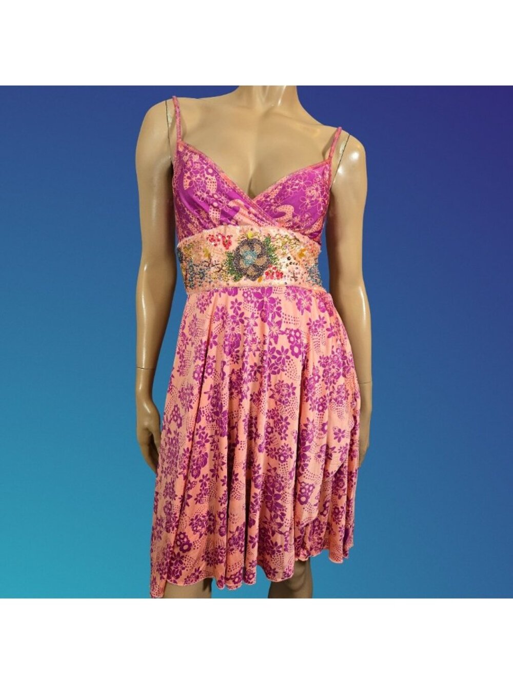 Vintage Y2K Heatherette 100% Silk Beaded Dress Pink Purple Floral size 4 V Neck
